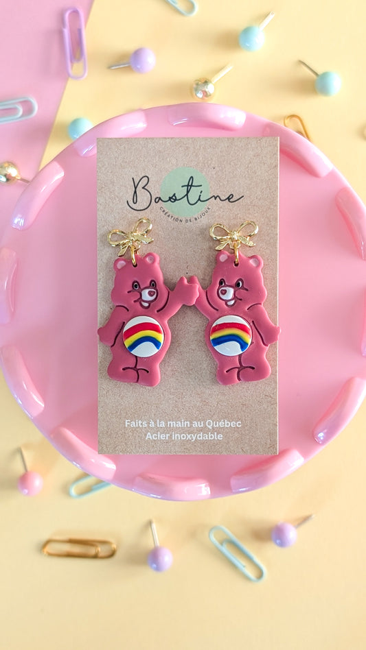 Cute Pink Bears - Polymer Clay and Hypoallergenic Stainless Steel Dangle Earrings