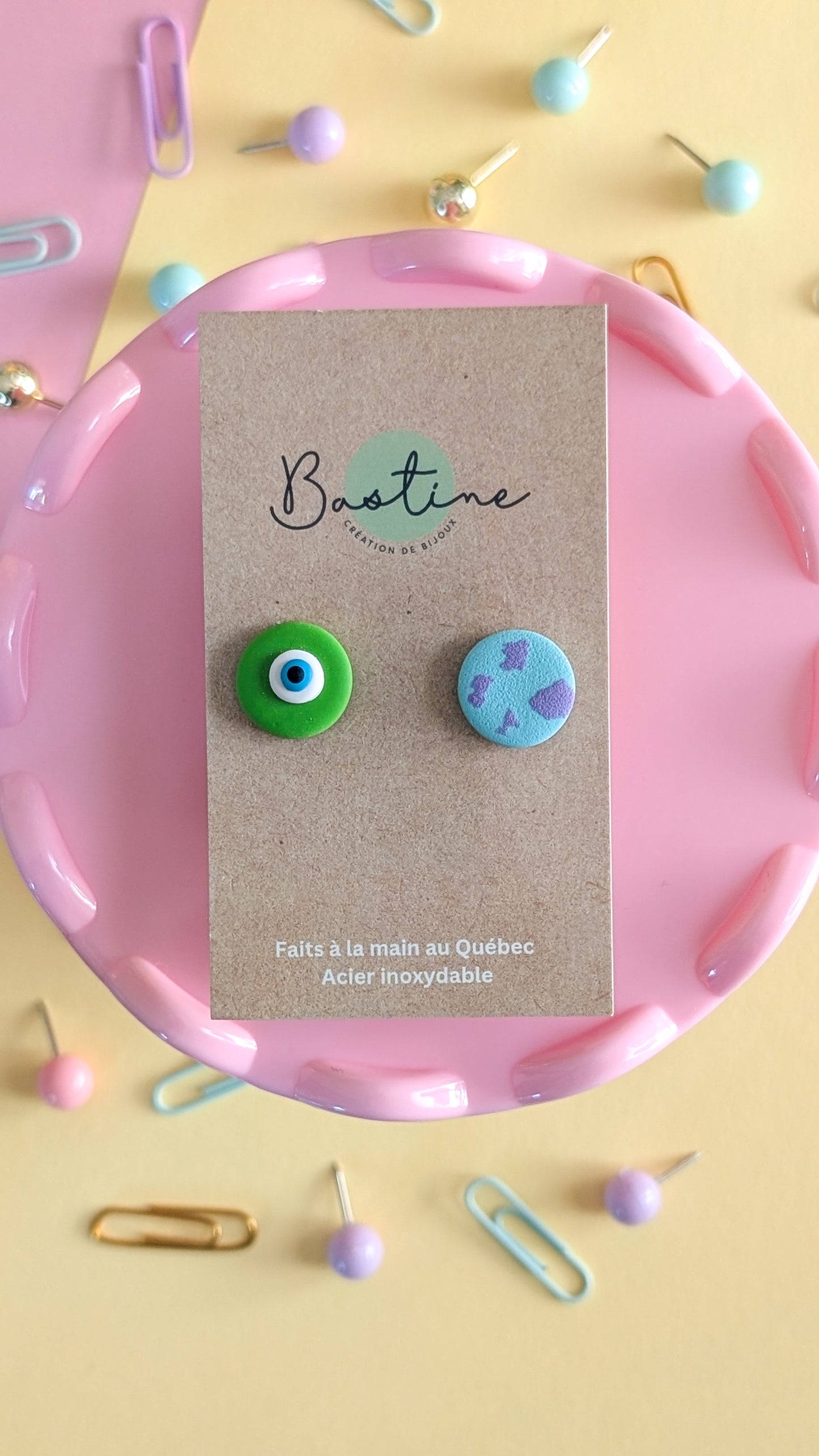 Monster inc. - Boucles d'oreilles en argile polymère acier inoxydable hypoallergène