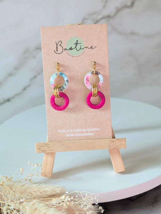 Margaux fuchsia  - Boucles d'oreilles pendantes argile polymère et acier inoxydable hypoallergène