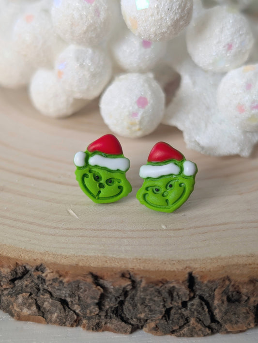 Gr!nch - Boucles d'oreilles studs en argile polymère et acier inoxydable hypoallergène