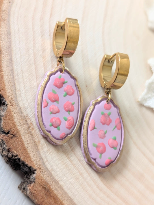 Camés fleuris -  Boucles d'oreilles pendantes argile polymère et acier inoxydable hypoallergène