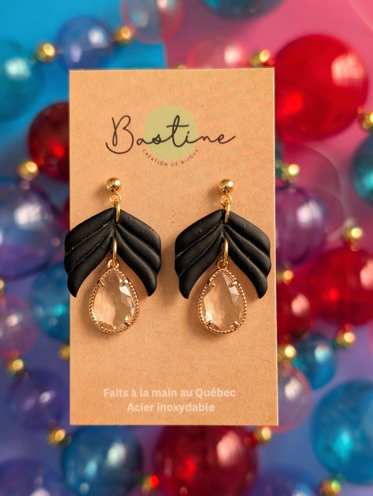 Polymer clay and glass bead leaf earrings – Blush pink and gold