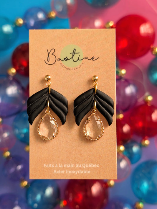 Polymer clay and glass bead leaf earrings – Blush pink and gold