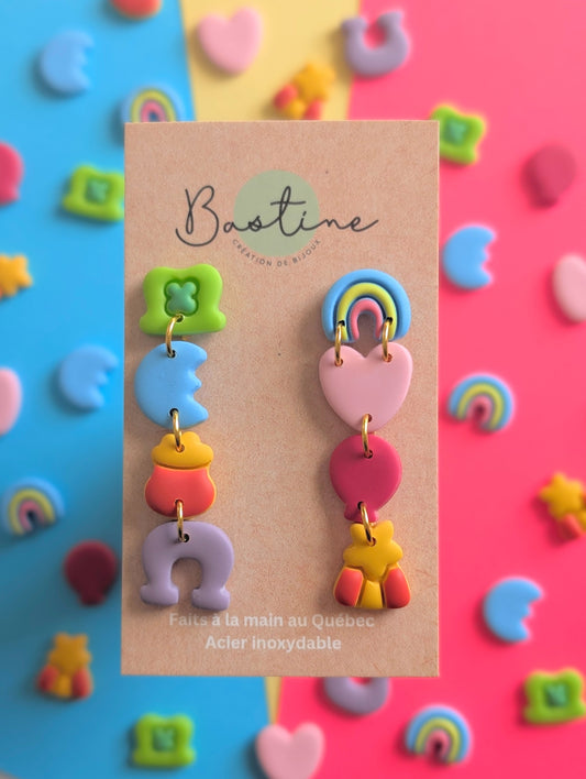 Lucky Charms - Boucles d'oreilles pendantes en argile polymère et acier inoxydable hypoallergène