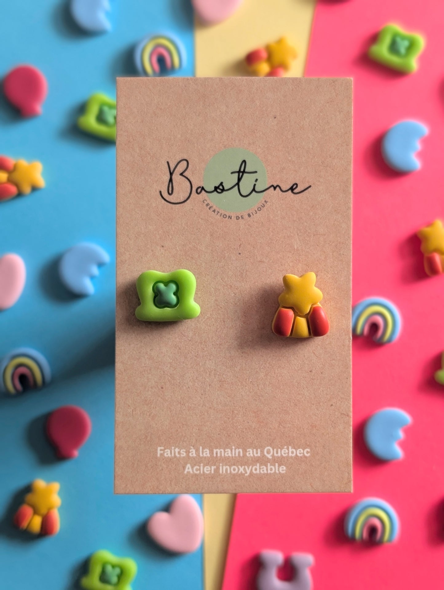 Lucky Charms Mix & Match - Boucles d'oreilles studs en argile polymère et acier inoxydable hypoallergène