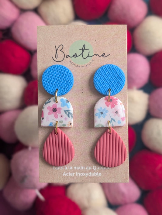 Simone fleurie - Boucles d'oreilles pendantes en argile polymère et acier inoxydable hypoallergène