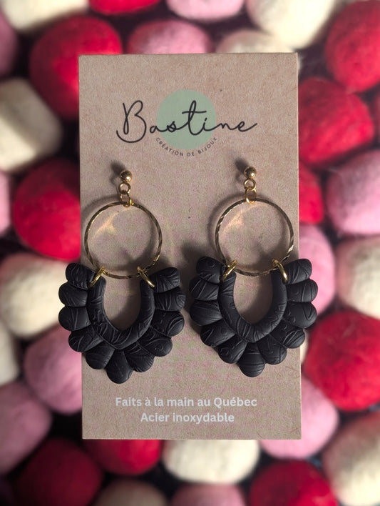 Pénélope noire - Boucles d'oreilles pendantes argile polymère et acier inoxydable hypoallergène