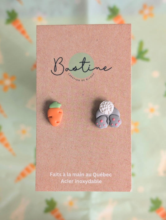 Duo lapin/carotte - Boucles d'oreilles studs en argile polymère et acier inoxydable hypoallergène
