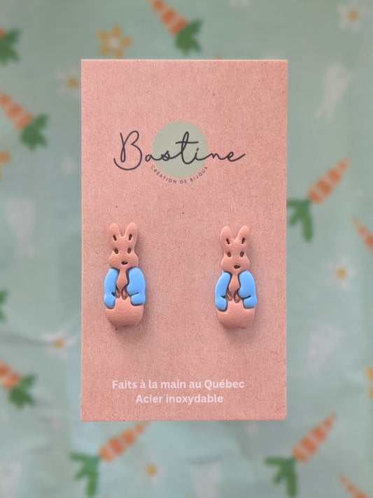 Pierre lapin - Boucles d'oreilles studs en argile polymère et acier inoxydable hypoallergène