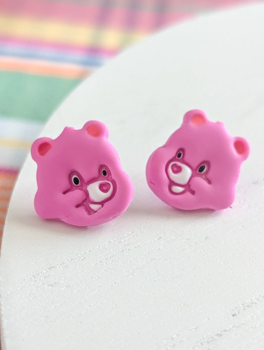 Ourson rose - Boucles d'oreilles studs en argile polymère et acier inoxydable hypoallergène