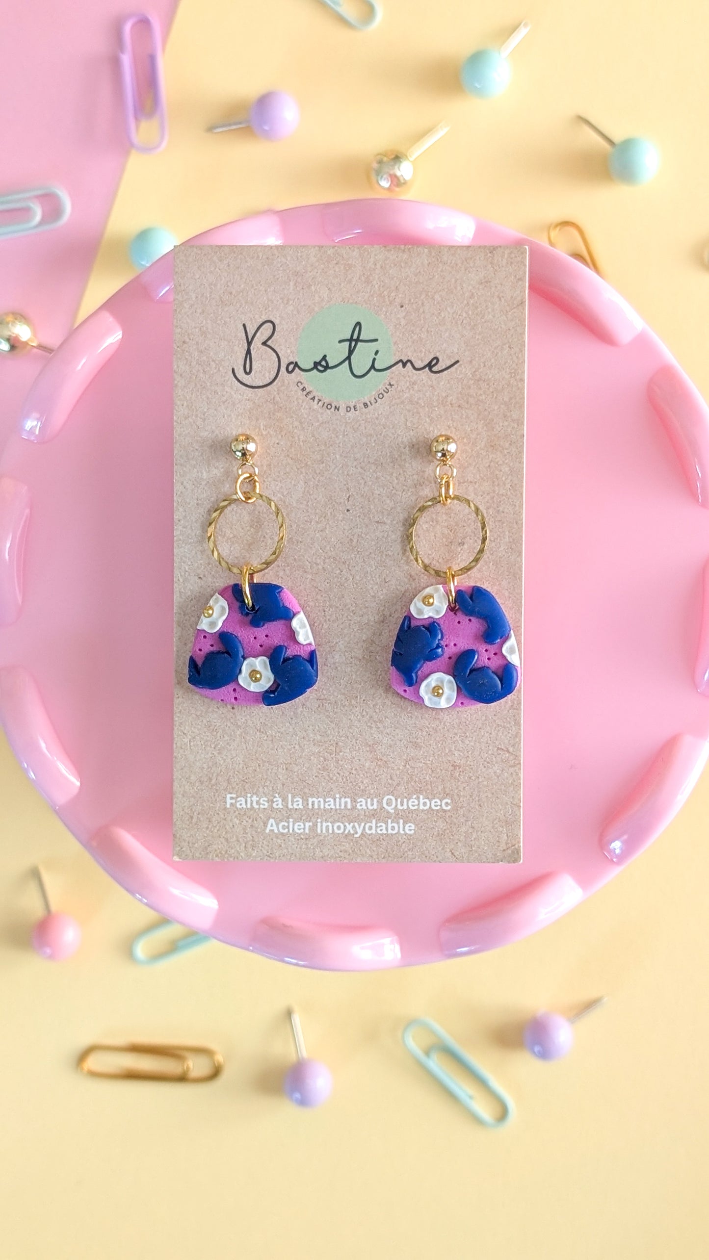 Stitch - Boucles d'oreilles pendantes en argile polymère et acier inoxydable hypoallergène