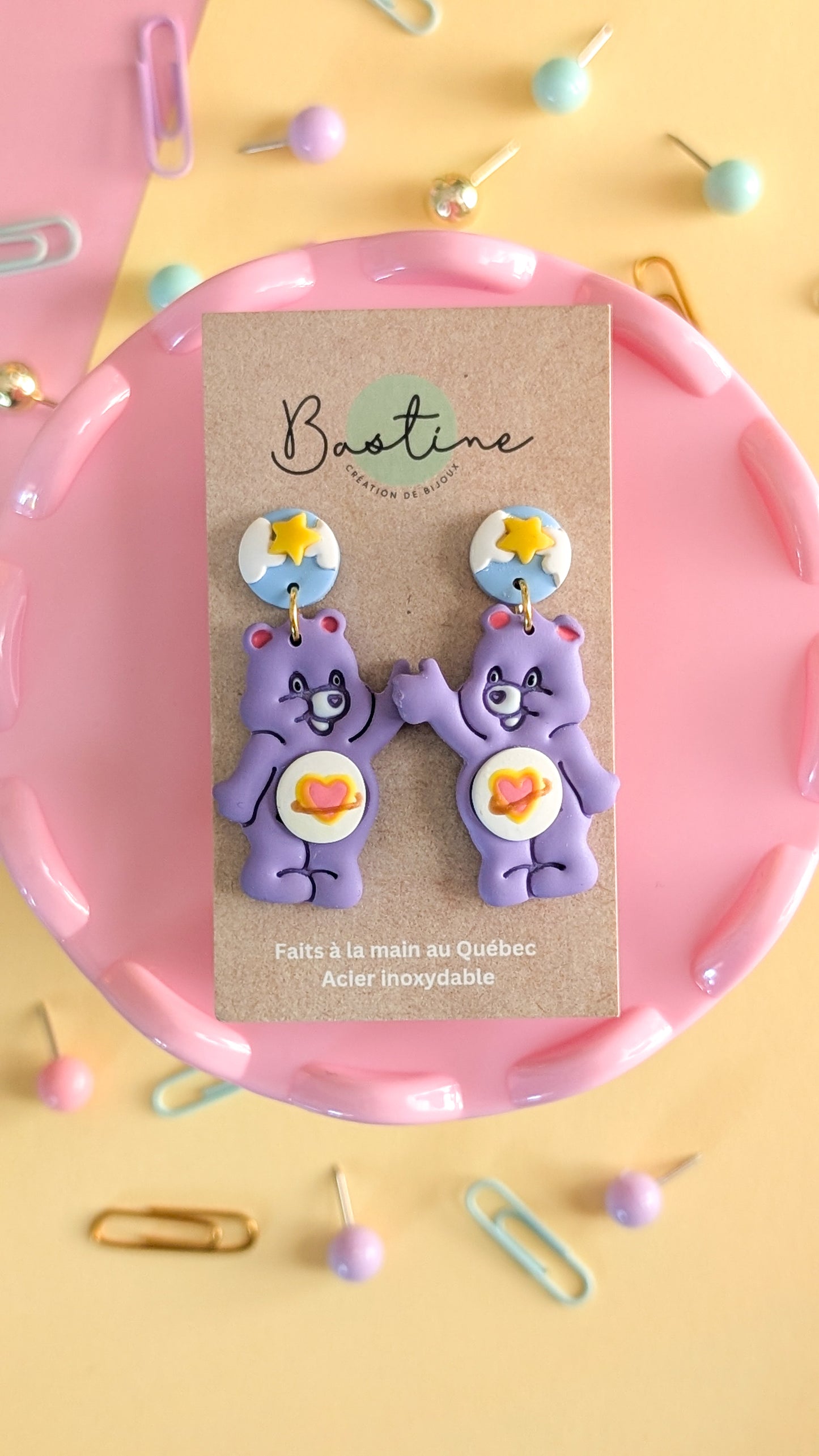 Oursons mignons mauve - Boucles d'oreilles pendantes argile polymère et acier inoxydable hypoallergène