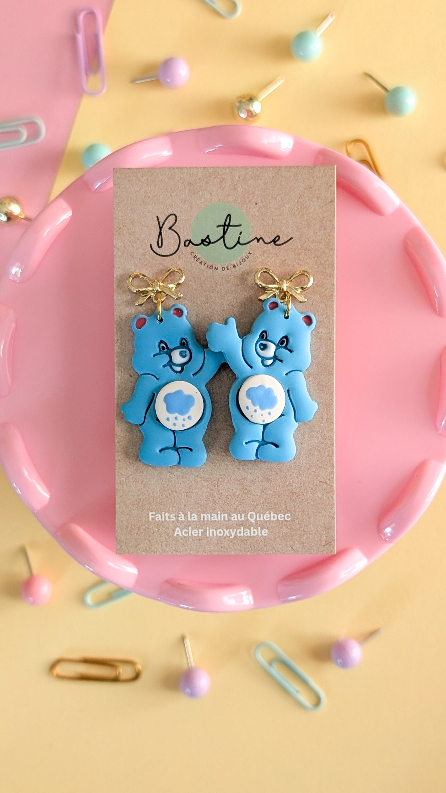 Oursons mignons bleu - Boucles d'oreilles pendantes argile polymère et acier inoxydable hypoallergène