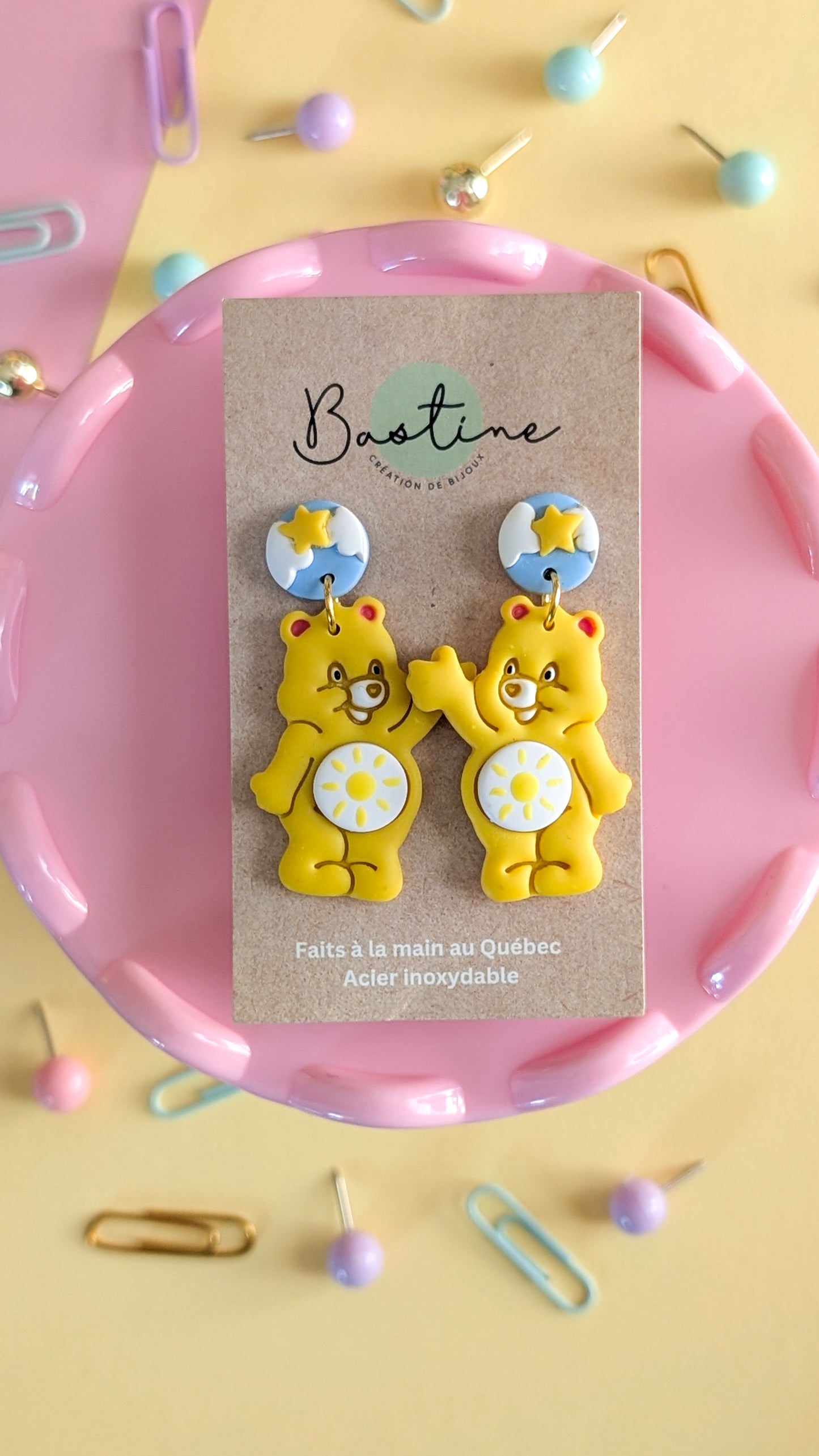 Oursons mignons jaune - Boucles d'oreilles pendantes argile polymère et acier inoxydable hypoallergène
