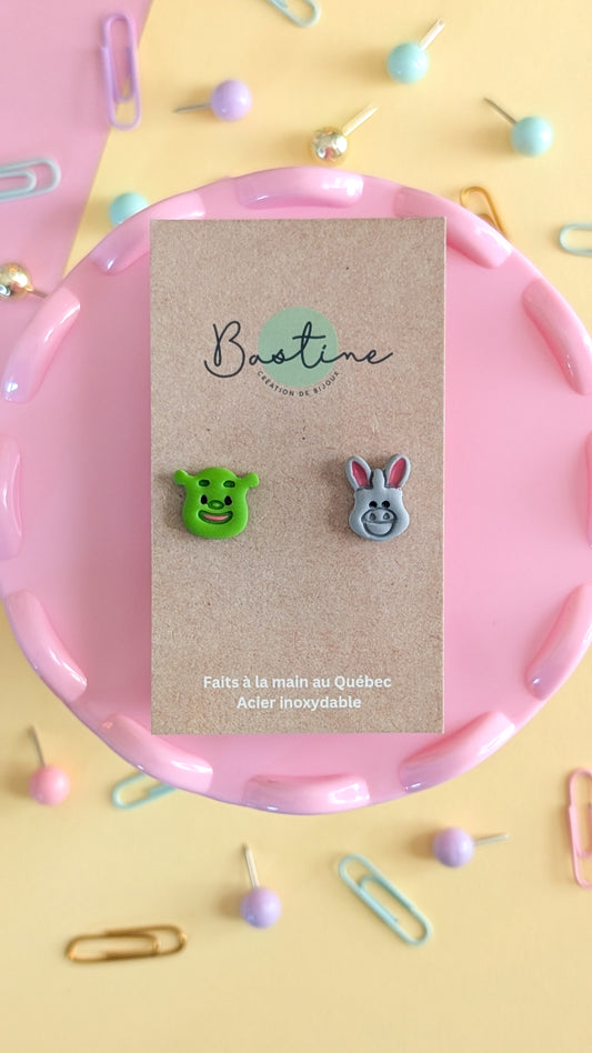 Shrek - Boucles d'oreilles en argile polymère et acier inoxydable hypoallergène