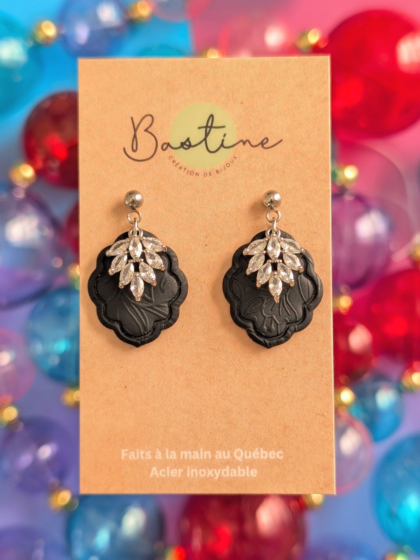 Agathe noires - Boucles d'oreilles pendantes en argile polymère acier inoxydable hypoallergène