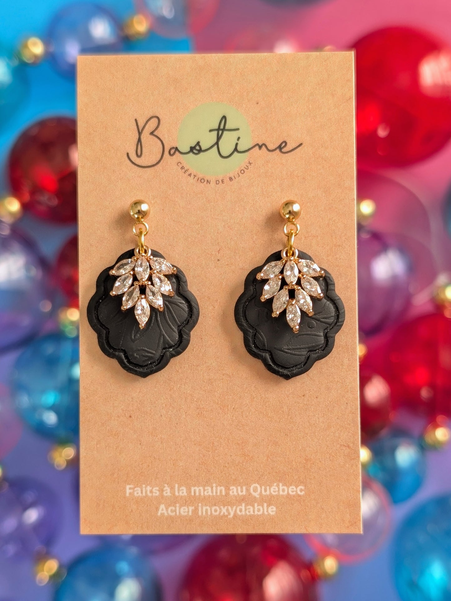 Agathe noires - Boucles d'oreilles pendantes en argile polymère acier inoxydable hypoallergène