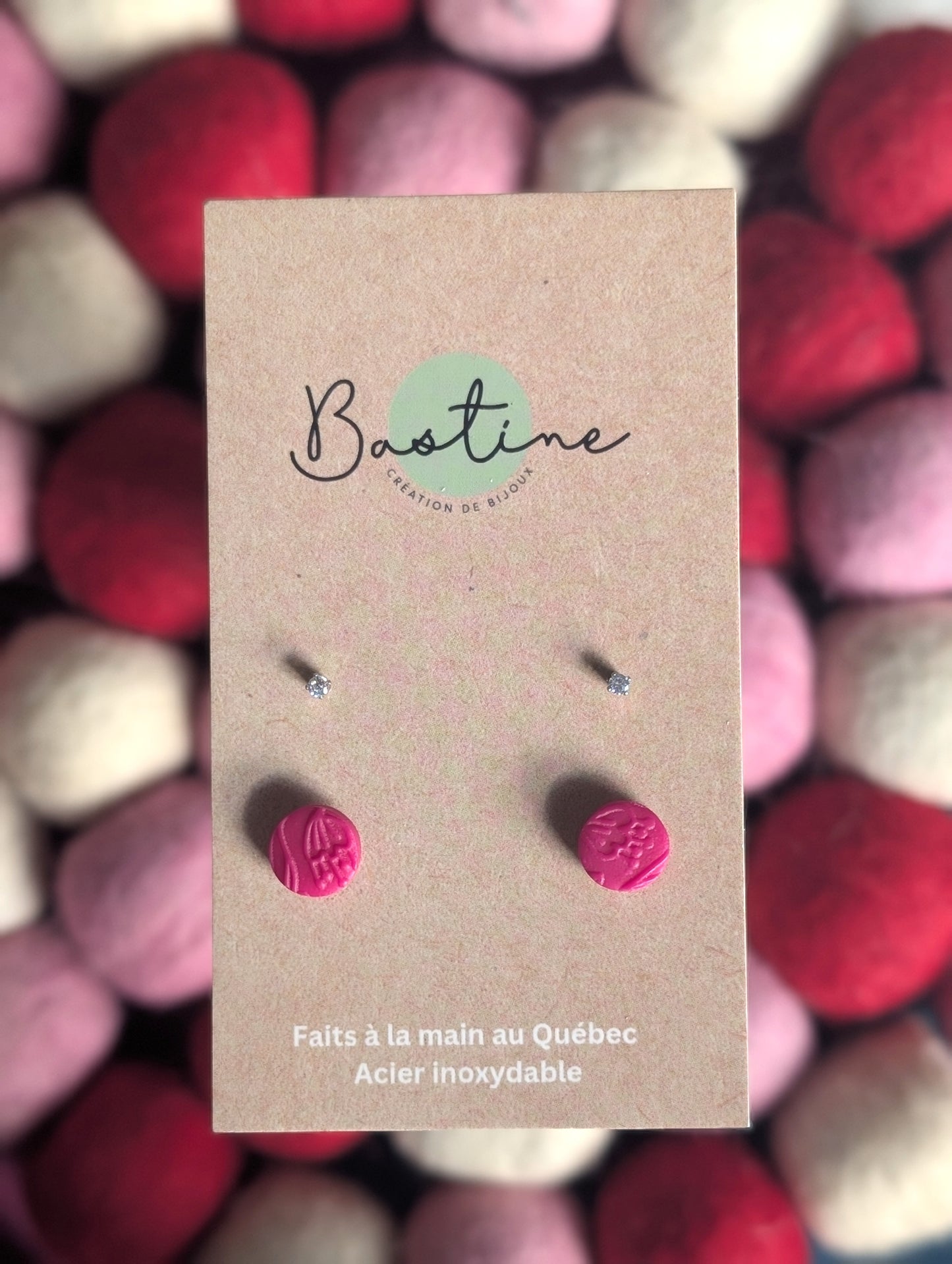 Duo ronds fuchsia - Boucles d'oreilles studs en argile polymère, zircons et acier inoxydable hypoallergène